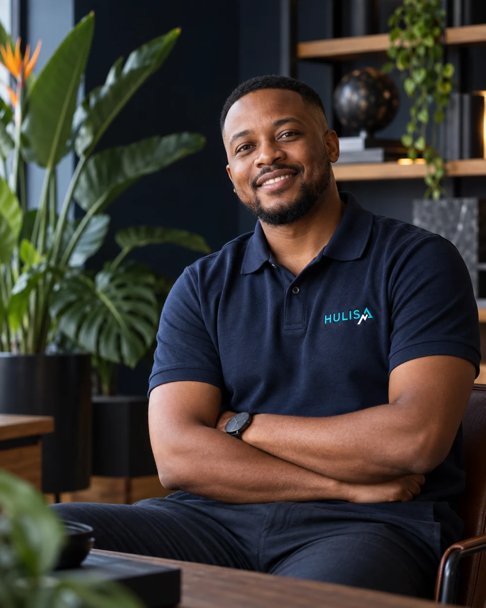Illustrative portrait of a digital strategist wearing a Hulisa polo in a plant-filled studio