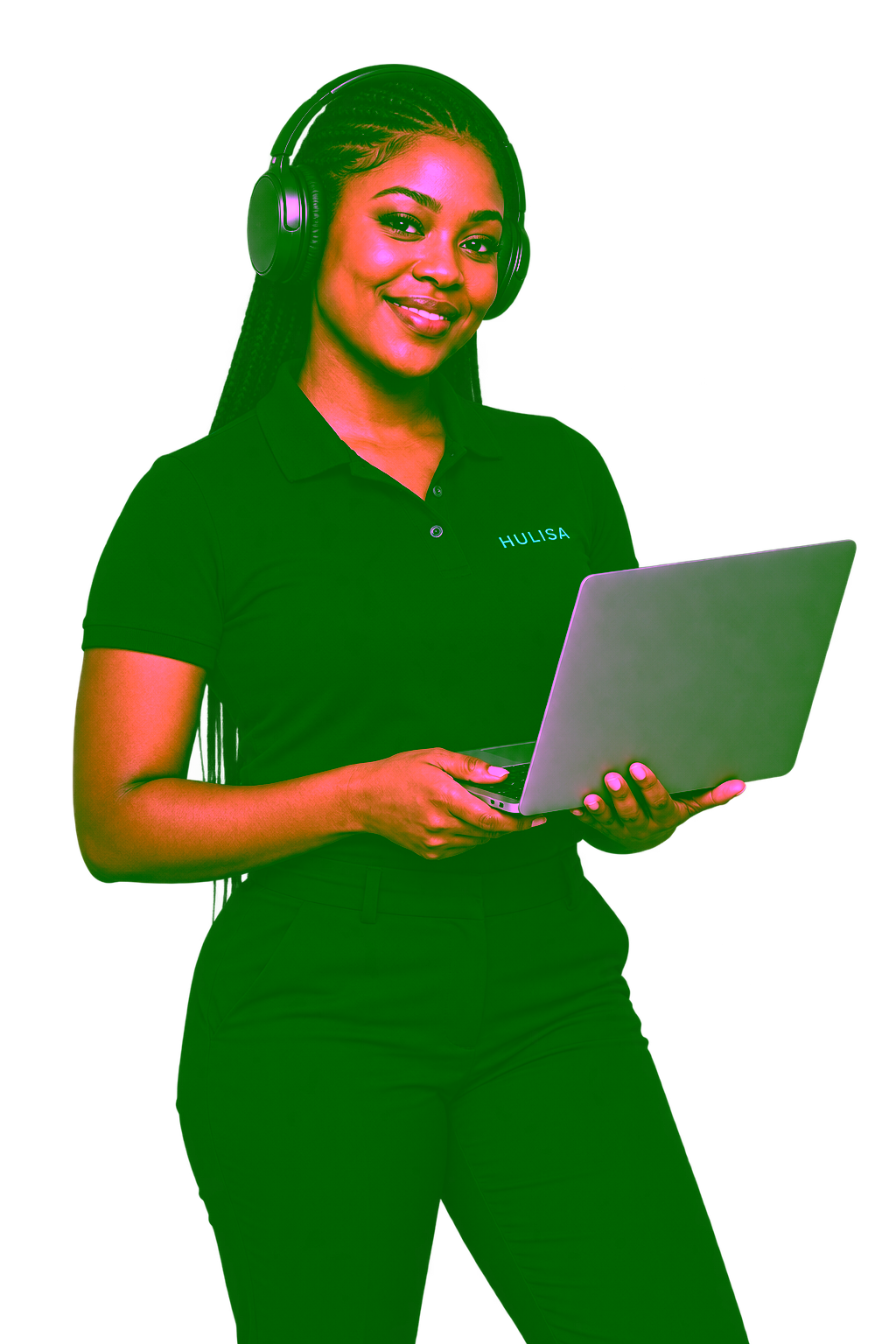 Hulisa consultant wearing a navy polo and headphones while carrying a laptop