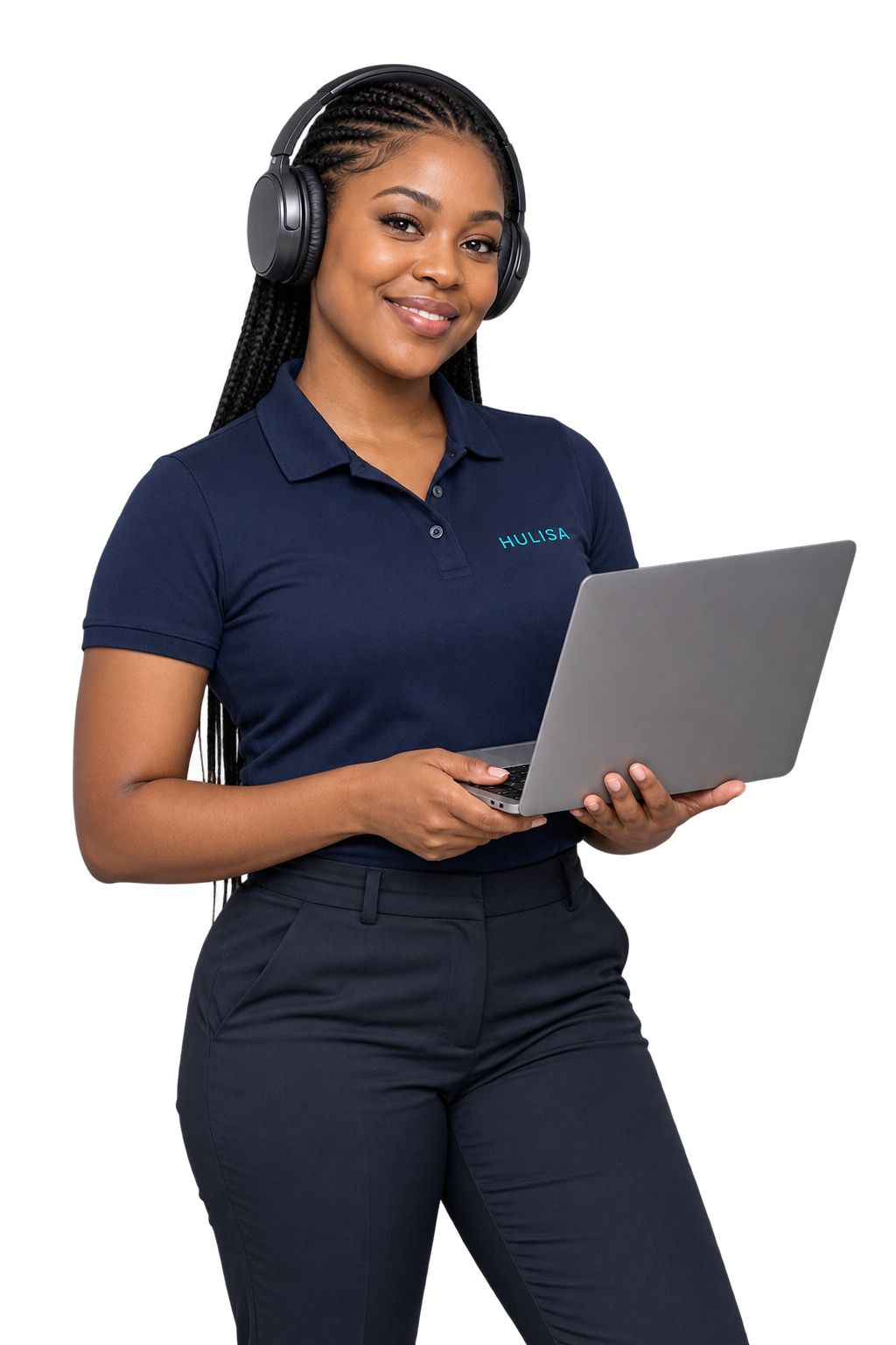 Hulisa consultant wearing a navy polo and headphones while carrying a laptop