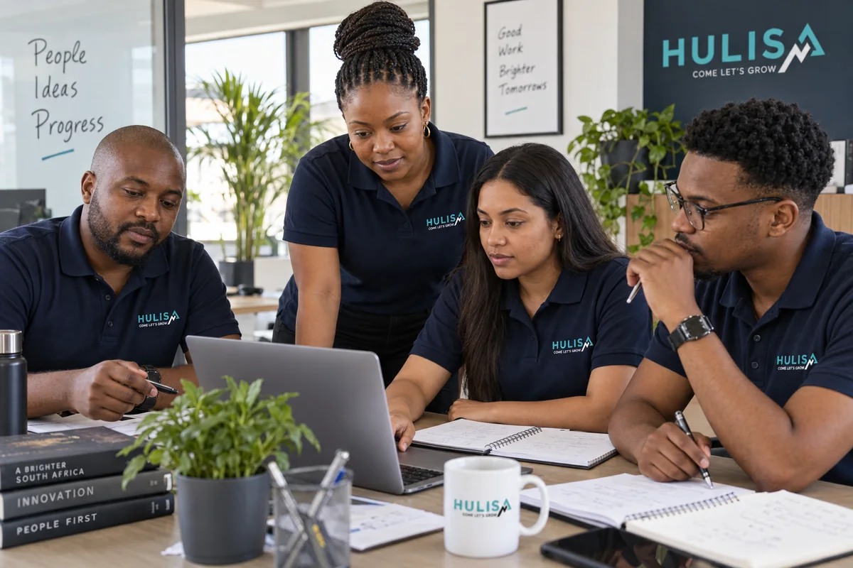 Team in full Hulisa-logo merchandise collaborating on laptops in an office