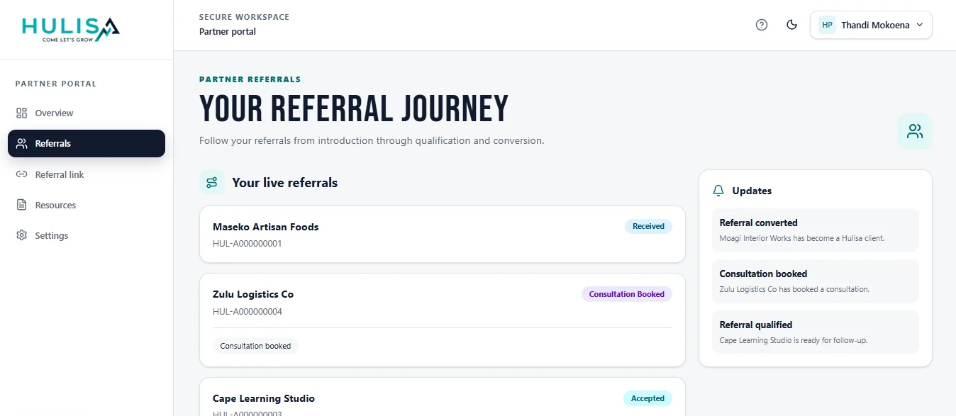 Referral journey inside the Hulisa partner portal