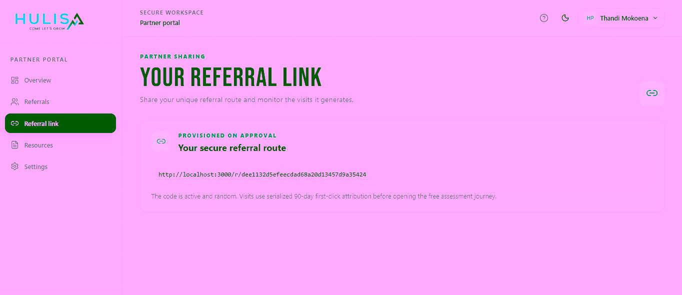Unique referral link page in the Hulisa partner portal