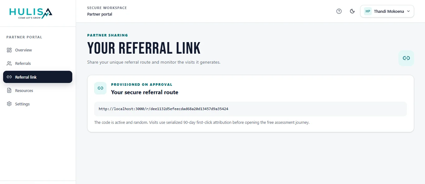 Unique referral link page in the Hulisa partner portal