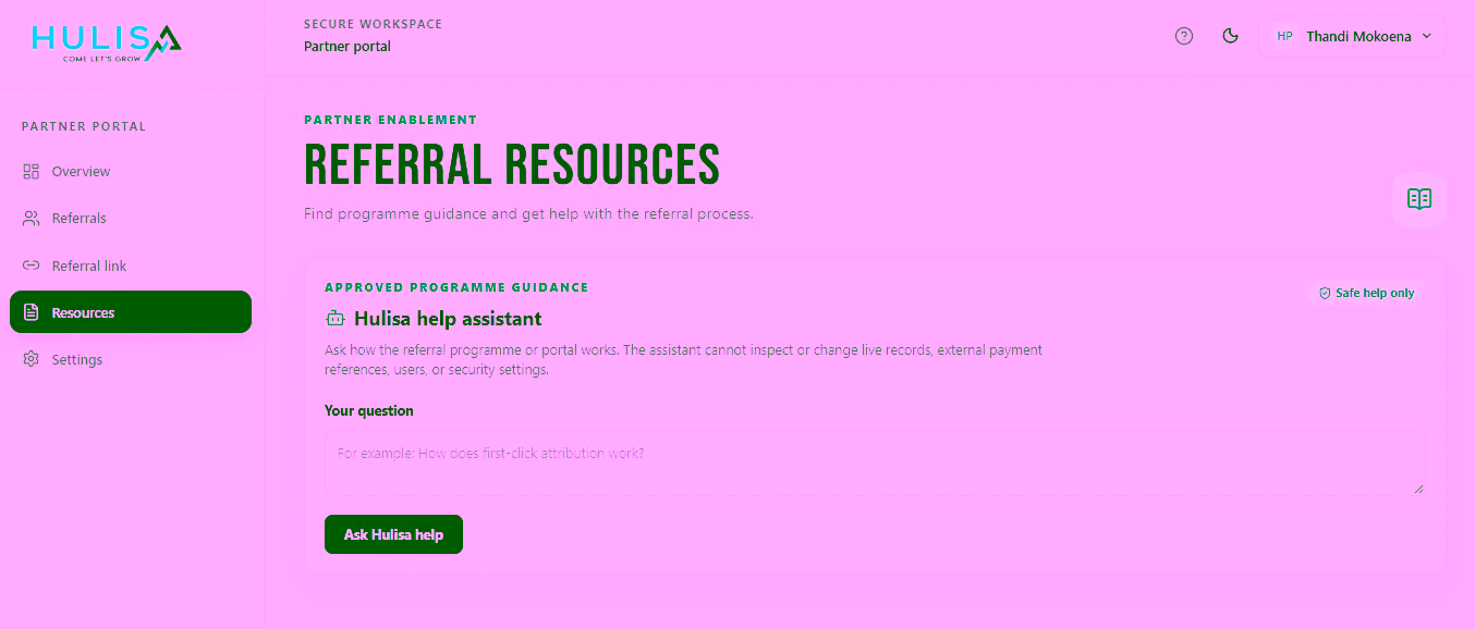 Referral resources and Hulisa help assistant