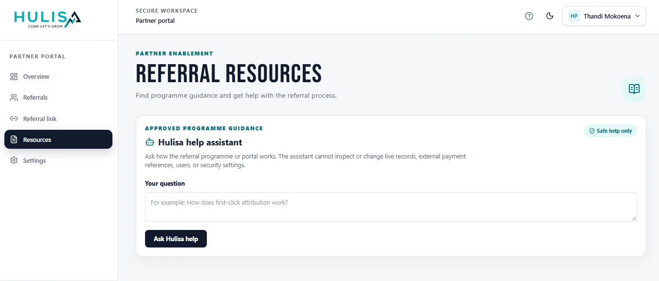 Referral resources and Hulisa help assistant