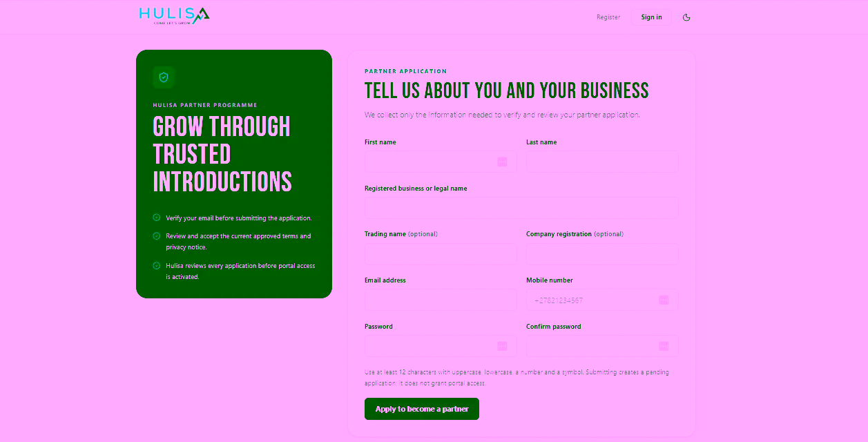 Hulisa Refer and earn R500 partner application screen