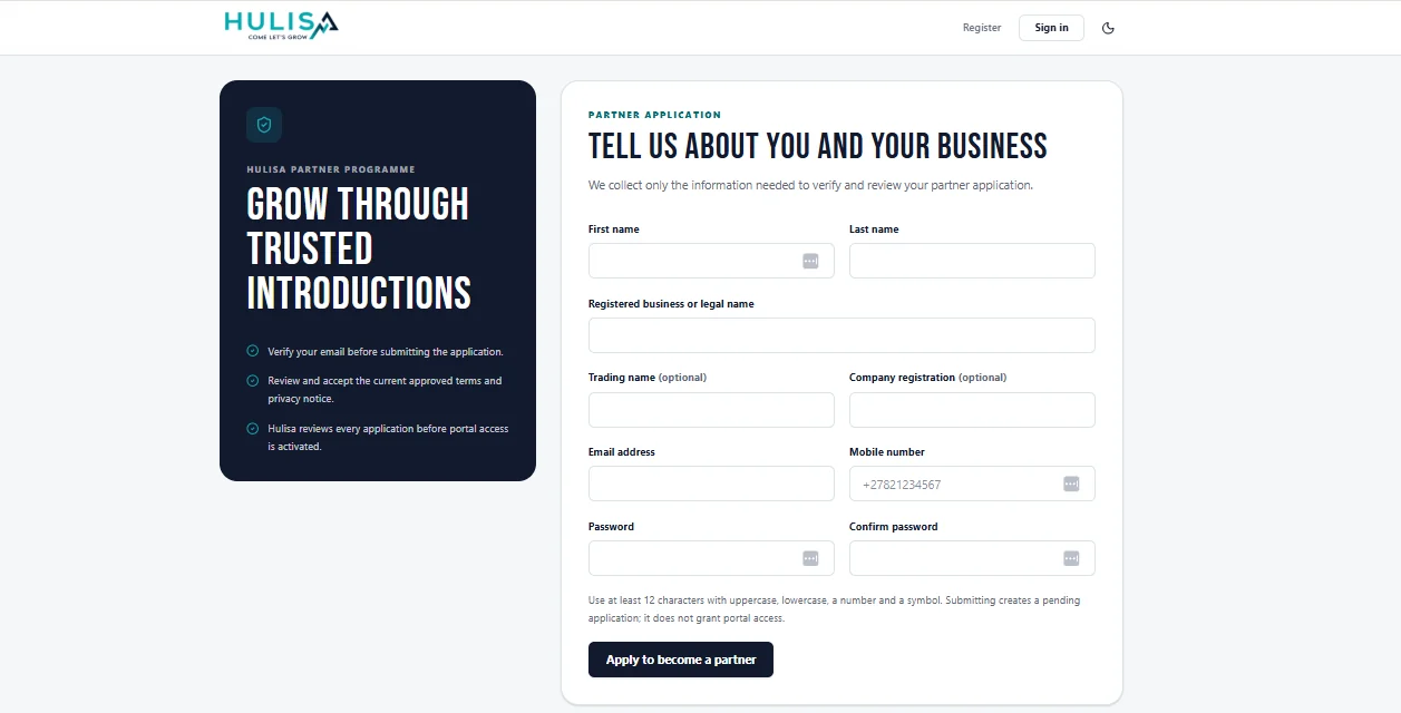 Hulisa referral programme partner application screen