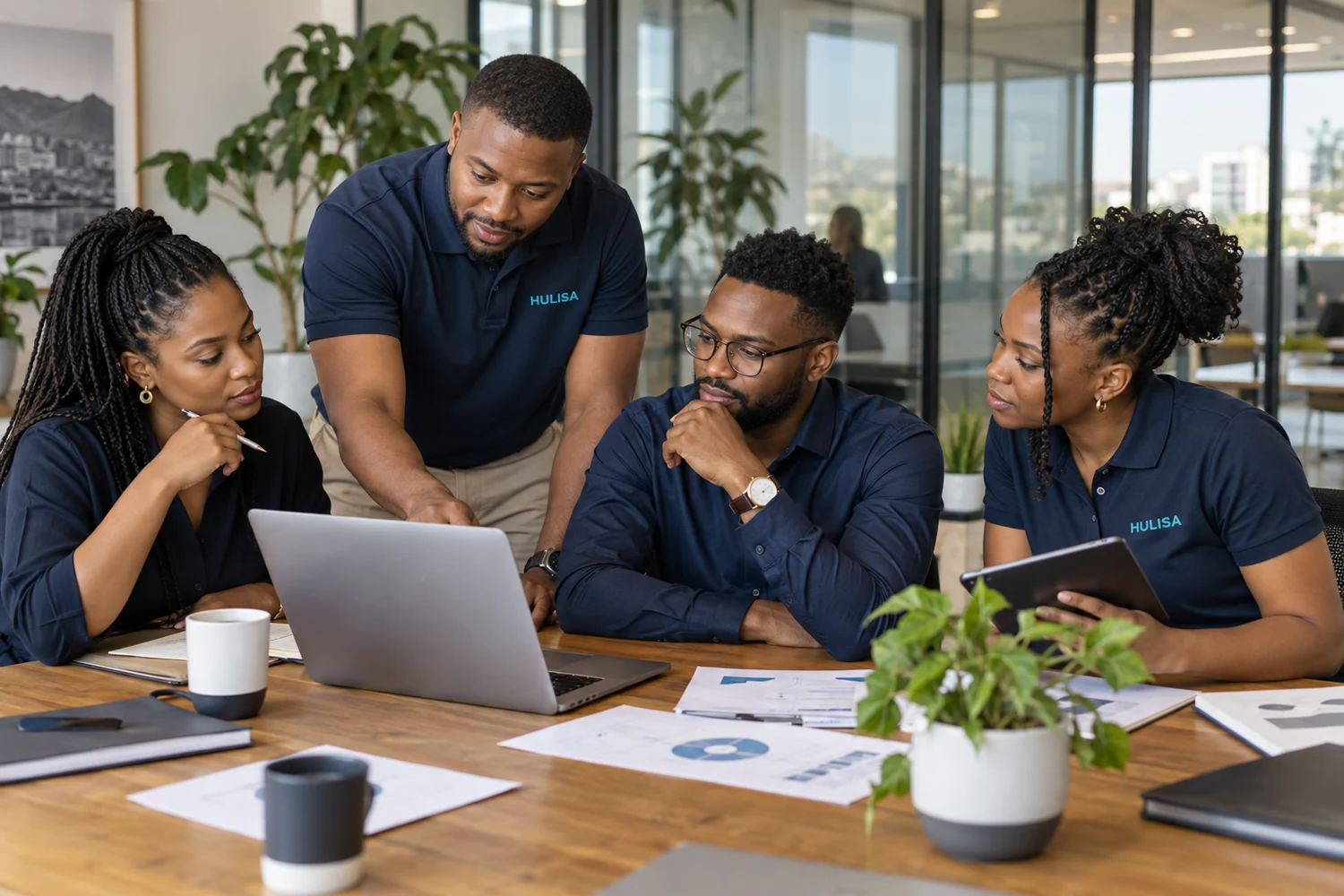 Hulisa team reviewing a growth plan together around a laptop